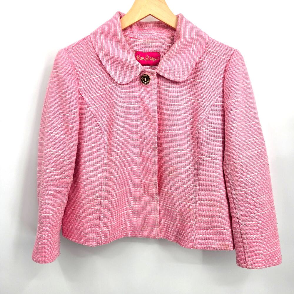 Lilly Pulitzer 6 Pink Tweed Crop Jacket Collared Button White 3/4 Sleeves